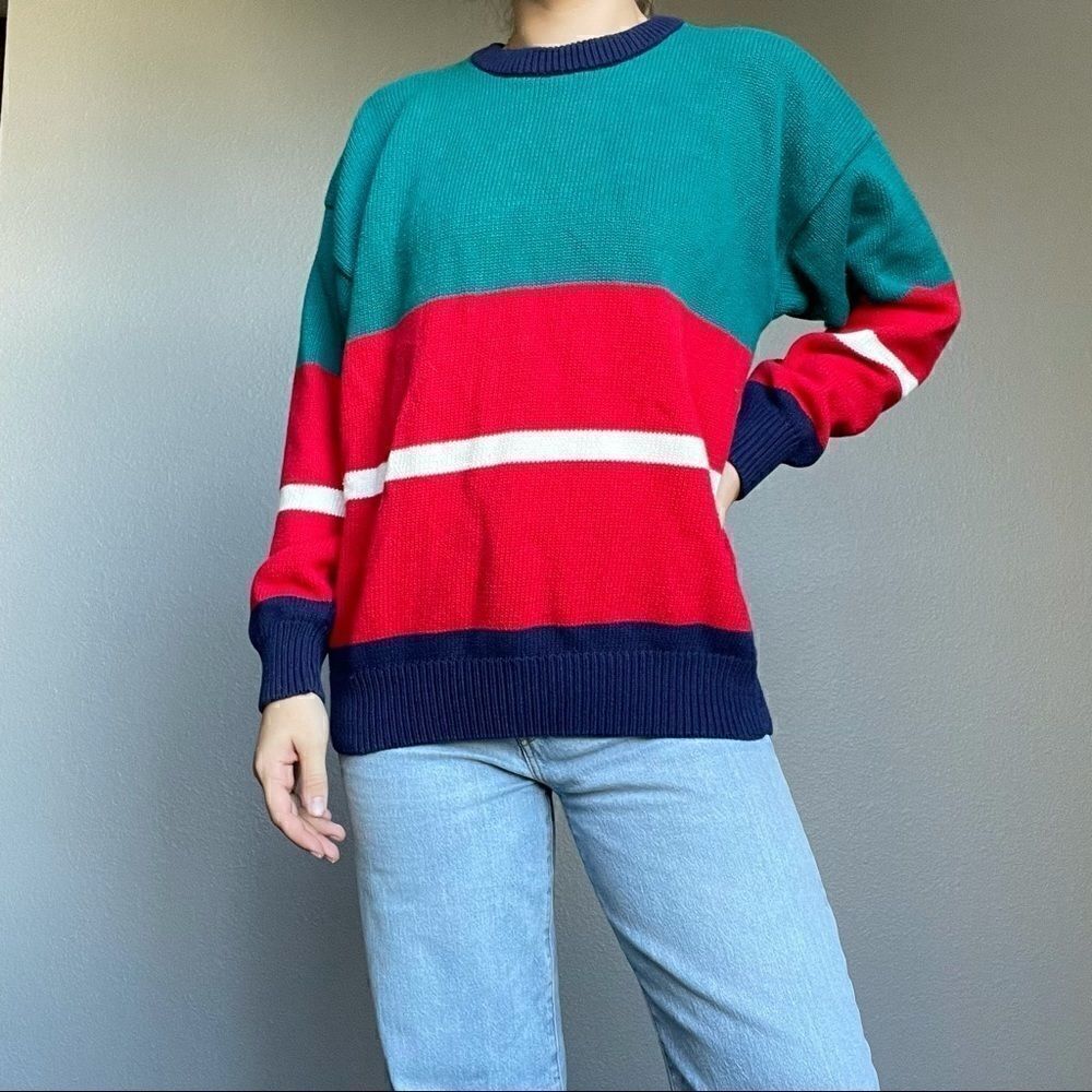 Vintage 90s John Ashford Striped Color Block Crewneck Cotton Preppy Sweater L
